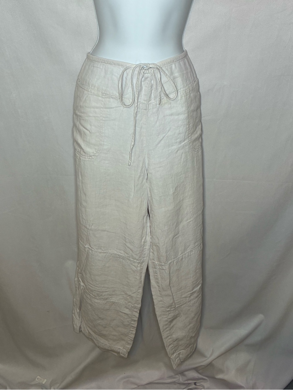 GUC DKNY Pure Lightweight Cream Linen Drawstring Wide-Leg Pants size Large
